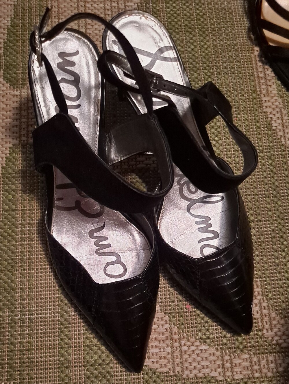 Sam Edelman Black Pointed Faux-Croc Slingback Heels